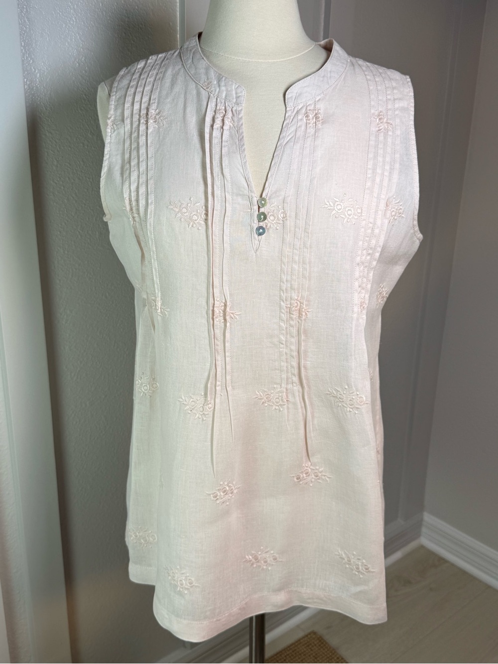 Saint Tropez West 100% Linen Embroidered Sleeveless Blush Pink Tunic TopM Ballet - Picture 2 of 8